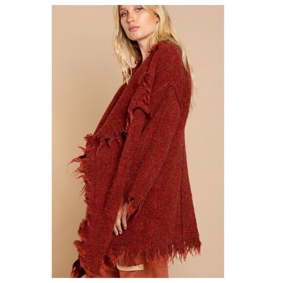 WOOL Blend Long cardigan with distressed Hemline in Terracotta - Picture 8 of 14